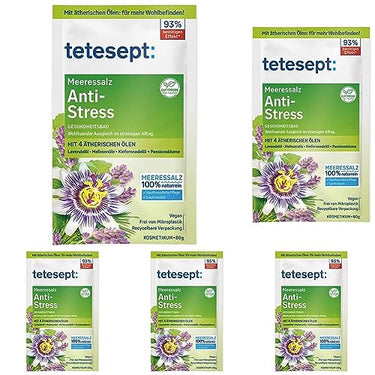 tetesept Meeressalz Anti-Stress Bad – Gesundheitsbad für wohltuenden Ausgleich mit ätherischen Ölen – Wohltuender Badezusatz mit natürlichem Meeressalz – 1 x 80 g (Packung mit 5) im Sale